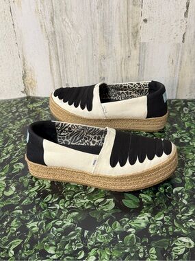 Toms Cream and Black Espadrille Platform Slip-On